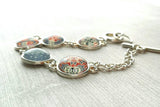 Moroccan Bracelet - silver glass charm disk bezel - grey/orange red fancy swirl damask gray polka dot print toggle clasp - gift for her - Constant Baubling