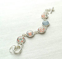 Moroccan Bracelet - silver glass charm disk bezel - grey/orange red fancy swirl damask gray polka dot print toggle clasp - gift for her - Constant Baubling
