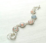 Moroccan Bracelet - silver glass charm disk bezel - grey/orange red fancy swirl damask gray polka dot print toggle clasp - gift for her - Constant Baubling