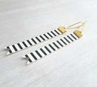 Black White Stripe Earrings - faux leather extra long flag pennant narrow tag style nautical theme - gold locking kidney ear wire - vegan - Constant Baubling
