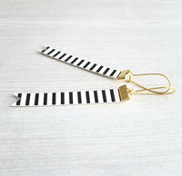 Black White Stripe Earrings - faux leather extra long flag pennant narrow tag style nautical theme - gold locking kidney ear wire - vegan - Constant Baubling