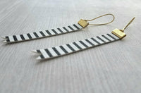 Black White Stripe Earrings - faux leather extra long flag pennant narrow tag style nautical theme - gold locking kidney ear wire - vegan - Constant Baubling