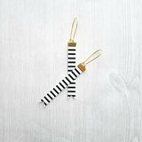 Black White Stripe Earrings - faux leather extra long flag pennant narrow tag style nautical theme - gold locking kidney ear wire - vegan - Constant Baubling