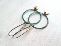 Large Hoop Earring - blue green verdigris patina rustic circle w/ antique brass drop on long latching kidney hook, tiny glass beads, 3 inch - Constant Baubling