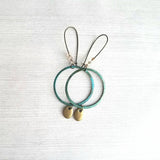 Large Hoop Earring - blue green verdigris patina rustic circle w/ antique brass drop on long latching kidney hook, tiny glass beads, 3 inch - Constant Baubling