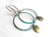 Large Hoop Earring - blue green verdigris patina rustic circle w/ antique brass drop on long latching kidney hook, tiny glass beads, 3 inch - Constant Baubling