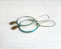 Large Hoop Earring - blue green verdigris patina rustic circle w/ antique brass drop on long latching kidney hook, tiny glass beads, 3 inch - Constant Baubling