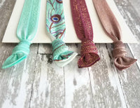 Peacock Hair Accessory Set - tie band elastic stretch knot ponytail ribbon - feather print aqua turquoise blue mauve purple sparkle wine - Constant Baubling