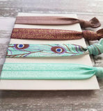 Peacock Hair Accessory Set - tie band elastic stretch knot ponytail ribbon - feather print aqua turquoise blue mauve purple sparkle wine - Constant Baubling