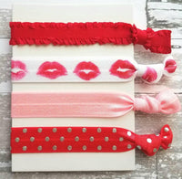 Valentine Hair Tie Set, Valentine ties, Valentine ponytail holder, Valentine hair band, kiss accessories, love gift, red pink hair elastic - Constant Baubling