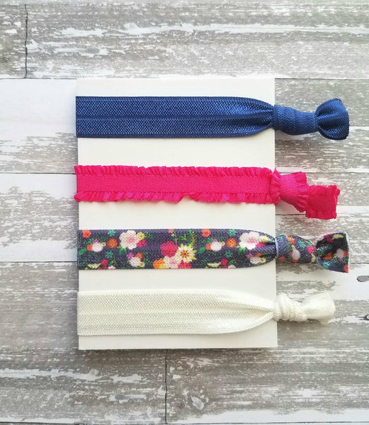 Hot Pink/Navy Hair Accessories - floral tie elastic ruffle stretch ribbon band - pigtail ponytail knot holder set - gentle fine thick thin - Constant Baubling