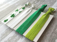 St Patrick's Day Accessory Set, shamrock hair tie, clover elastic band, St Patty's Day hair ribbon, girl hair band, shamrock ponytail holder - Constant Baubling