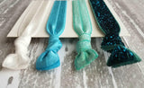 Blue Hair Band Set - ombre shades aqua turquoise velvet teal glitter sparkle elastic head tie ponytail holder handmade knot girl accessory - Constant Baubling