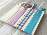 Spring Plaid Hair Set - turquoise aqua blue/lilac purple check/green/white glitter sparkle elastic tie band bow Easter ponytail holder - Constant Baubling