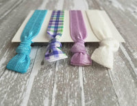 Spring Plaid Hair Set - turquoise aqua blue/lilac purple check/green/white glitter sparkle elastic tie band bow Easter ponytail holder - Constant Baubling