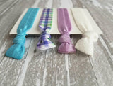 Spring Plaid Hair Set - turquoise aqua blue/lilac purple check/green/white glitter sparkle elastic tie band bow Easter ponytail holder - Constant Baubling