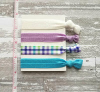 Spring Plaid Hair Set - turquoise aqua blue/lilac purple check/green/white glitter sparkle elastic tie band bow Easter ponytail holder - Constant Baubling