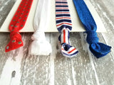 Red White Blue Hair Elastic Set - patriotic stripe polka dot 4th of July nautical theme cobalt sparkle tie band bow ponytail gift women girl - Constant Baubling