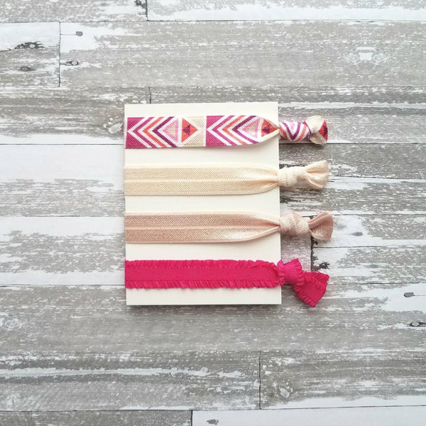 Pink Tribal Hair Band Set - elastic ruffle tie knot bow ponytail holder - no crease gentle fine thick ribbon - Aztec geometric chevron white - Constant Baubling
