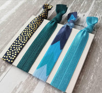 Blue Tribal Hair Tie Set, tribal bands, tribal hair ribbon, Aztec print hair tie, blue arrow hair ties, blue chevron elastic, navy aqua teal - Constant Baubling