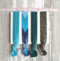 Blue Tribal Hair Tie Set, tribal bands, tribal hair ribbon, Aztec print hair tie, blue arrow hair ties, blue chevron elastic, navy aqua teal - Constant Baubling