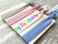 Happy Birthday Gift Set, elastic hair ties, stretch ribbon ponytail holder, hair band, cake sprinkles, pink purple party favor wrist glitter - Constant Baubling