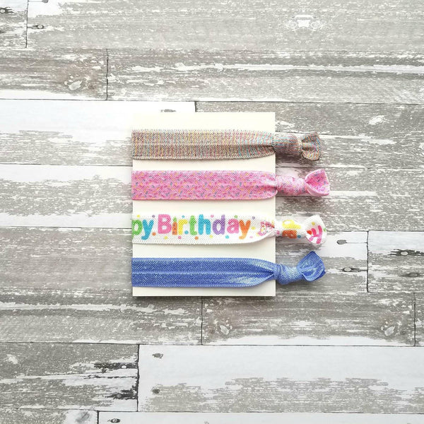 Happy Birthday Gift Set, elastic hair ties, stretch ribbon ponytail holder, hair band, cake sprinkles, pink purple party favor wrist glitter - Constant Baubling