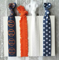 Baseball Accessory Set - hair elastic navy blue/orange/white coach game fan team mom gift - tie knot stretch ribbon girl ladies ponytail - Constant Baubling