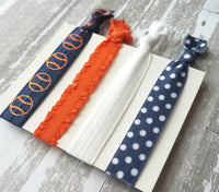 Baseball Accessory Set - hair elastic navy blue/orange/white coach game fan team mom gift - tie knot stretch ribbon girl ladies ponytail - Constant Baubling