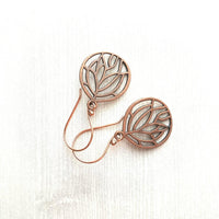 Copper Leaf Earrings - round floral filigree cut out design - light antique finish - simple boho Bohemian unique rustic red brown aged - Constant Baubling