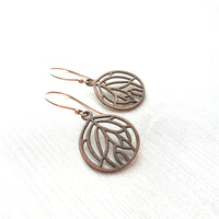 Copper Leaf Earrings - round floral filigree cut out design - light antique finish - simple boho Bohemian unique rustic red brown aged - Constant Baubling