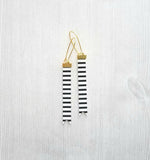Black White Stripe Earrings - faux leather extra long flag pennant narrow tag style nautical theme - gold locking kidney ear wire - vegan - Constant Baubling