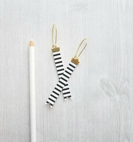 Black White Stripe Earrings - faux leather extra long flag pennant narrow tag style nautical theme - gold locking kidney ear wire - vegan - Constant Baubling