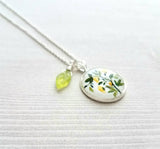 Flower Necklace, yellow flower pendant, floral necklace, plant necklace, light green leaf charm, delicate silver chain, little flowers round - Constant Baubling