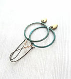 Large Hoop Earring - blue green verdigris patina rustic circle w/ antique brass drop on long latching kidney hook, tiny glass beads, 3 inch - Constant Baubling