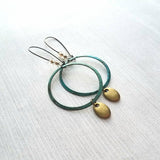 Large Hoop Earring - blue green verdigris patina rustic circle w/ antique brass drop on long latching kidney hook, tiny glass beads, 3 inch - Constant Baubling