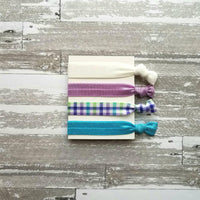 Spring Plaid Hair Set - turquoise aqua blue/lilac purple check/green/white glitter sparkle elastic tie band bow Easter ponytail holder - Constant Baubling