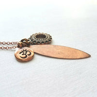 Long Copper Necklace - om mantra mindfulness symbol & vibration body harmony mandala, 30 inch antique copper chain, spiritual yoga jewelry - Constant Baubling