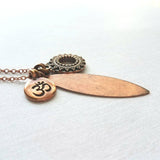 Long Copper Necklace - om mantra mindfulness symbol & vibration body harmony mandala, 30 inch antique copper chain, spiritual yoga jewelry - Constant Baubling