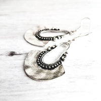 Bohemian Silver Earrings - antique/oxidized style Bali ball edge design detail - lightweight semicircle, unique boho gift idea - Constant Baubling