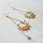 Gold Sun Earrings - sunburst shape, long delicate chain dangle, spear point earring, ray of sunshine earring, semicircle earring, dagger - Constant Baubling