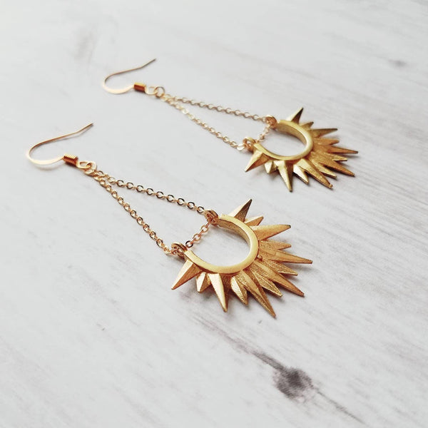 Gold Sun Earrings - sunburst shape, long delicate chain dangle