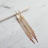 Chain Fringe Earrings, 14K gold fill hooks, long gold chain earring, flexible strands, gold tassel earring, flowing sexy earring v cut shape - Constant Baubling