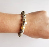 Stacking Bracelet Set, genuine stone bead bracelet, matte gemstone bracelet, black onyx dalmatian jasper grey gray larvikite labradorite gem - Constant Baubling