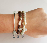 Stone Bracelet Set, silver stacking bracelets, blue Amazonite, gemstone bracelet, aqua terra jasper, African opal beads, crackle fire agate - Constant Baubling