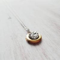 Small Locket Necklace, .925 sterling silver chain, little gold locket, tiny brass locket, photo keepsake necklace faux stone imitation druzy - Constant Baubling