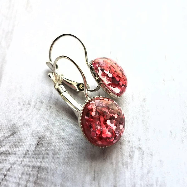 Birthday Earrings - metallic pink confetti half sphere on silver leverback hooks, sparkling glitter earring, birthday gift, pink glitter - Constant Baubling