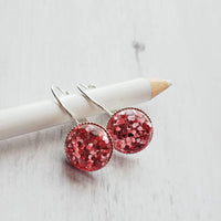 Birthday Earrings - metallic pink confetti half sphere on silver leverback hooks, sparkling glitter earring, birthday gift, pink glitter - Constant Baubling