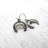 Horn Earrings - small silver antiqued celestial crescent moon charms - little Bali style beaded ball edge - dainty sterling hook upgrade - Constant Baubling