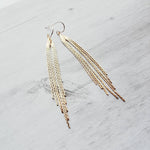 Chain Fringe Earrings, 14K gold fill hooks, long gold chain earring, flexible strands, gold tassel earring, flowing sexy earring v cut shape - Constant Baubling